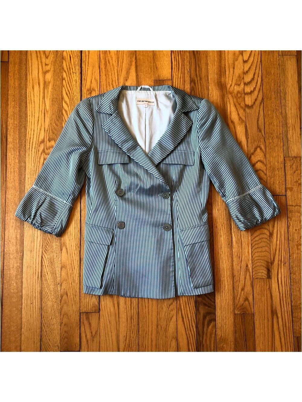 Emporio Armani Vintage EUC Womens Light Blue Striped Bubble Sleeve Blazer Size 6